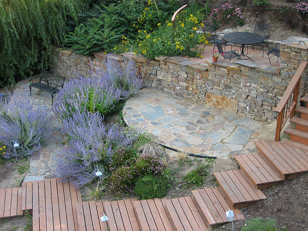 A landscaped patio.